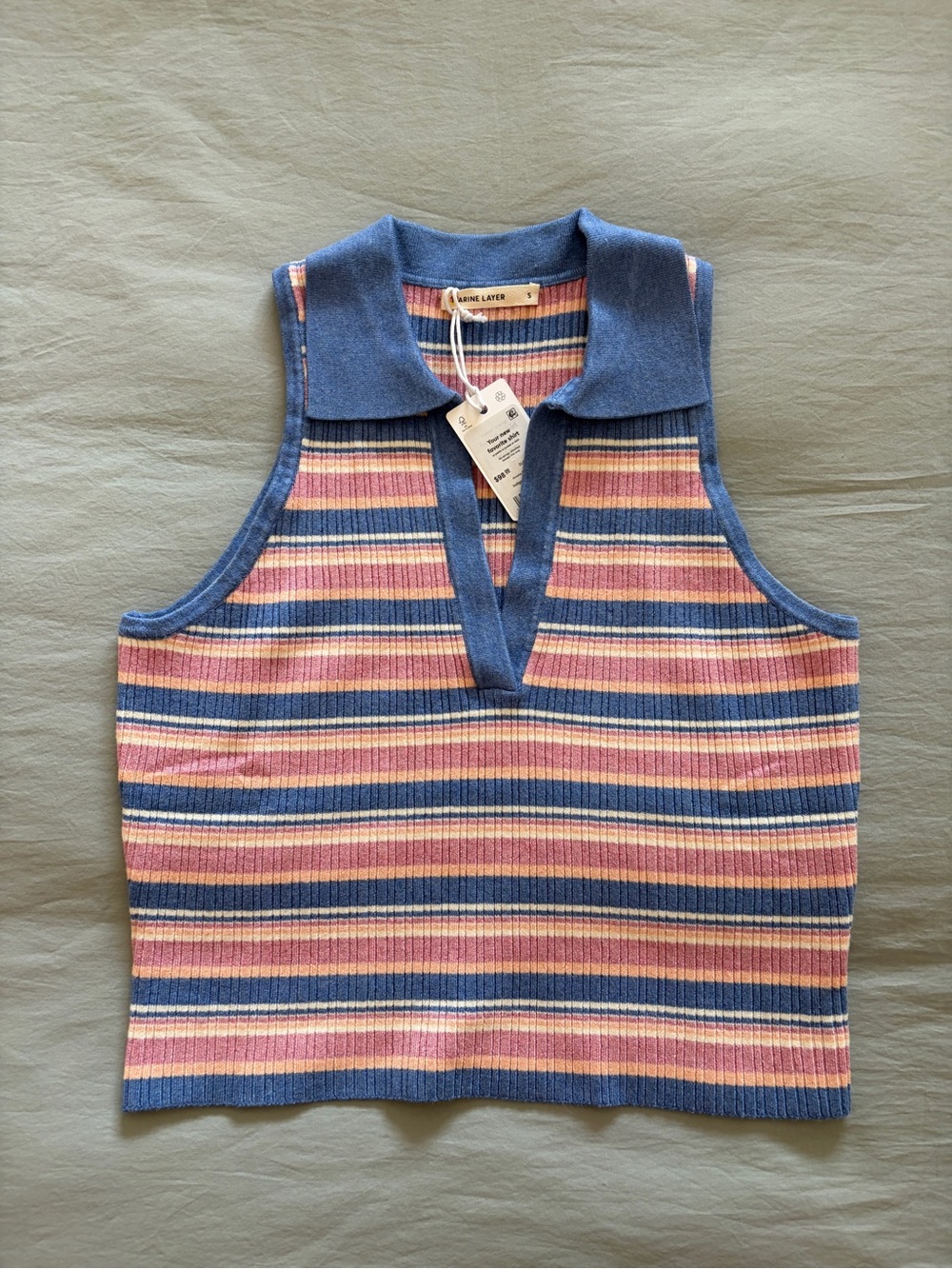 Marine Layer Ribbed Striped Polo Tank in Blue, Pink & Cream - Picture 4 of 5